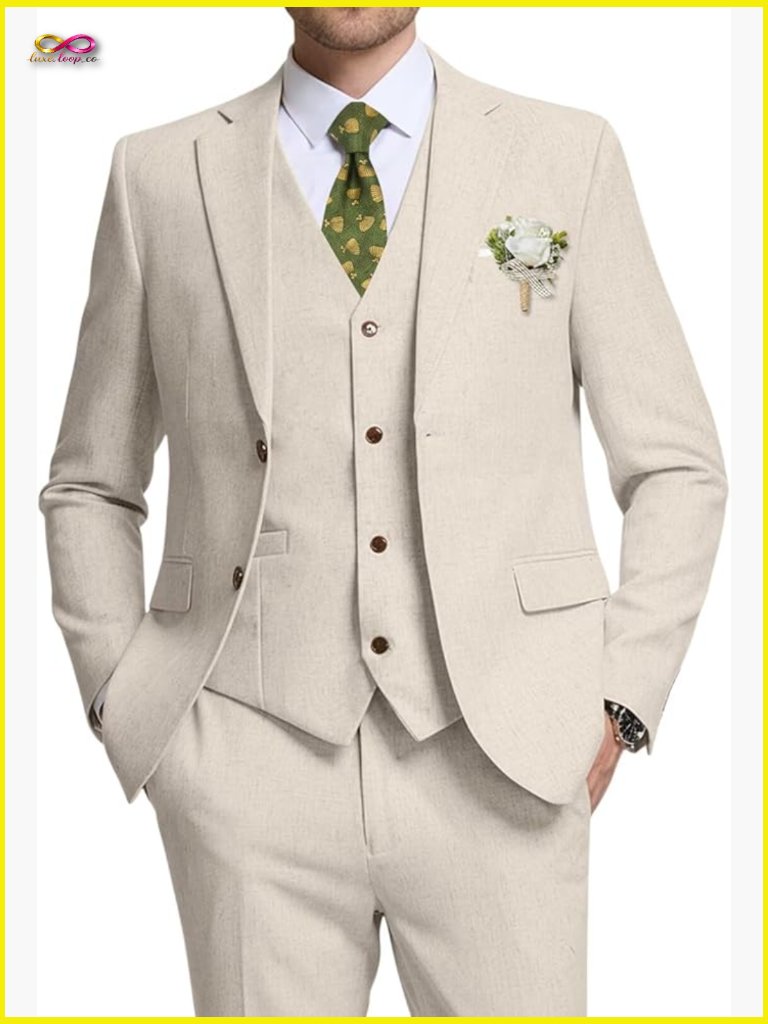 Retro Linen Suit Slim Fit 3-Piece Blazer Vest Pant Groom Wedding Tuxedo